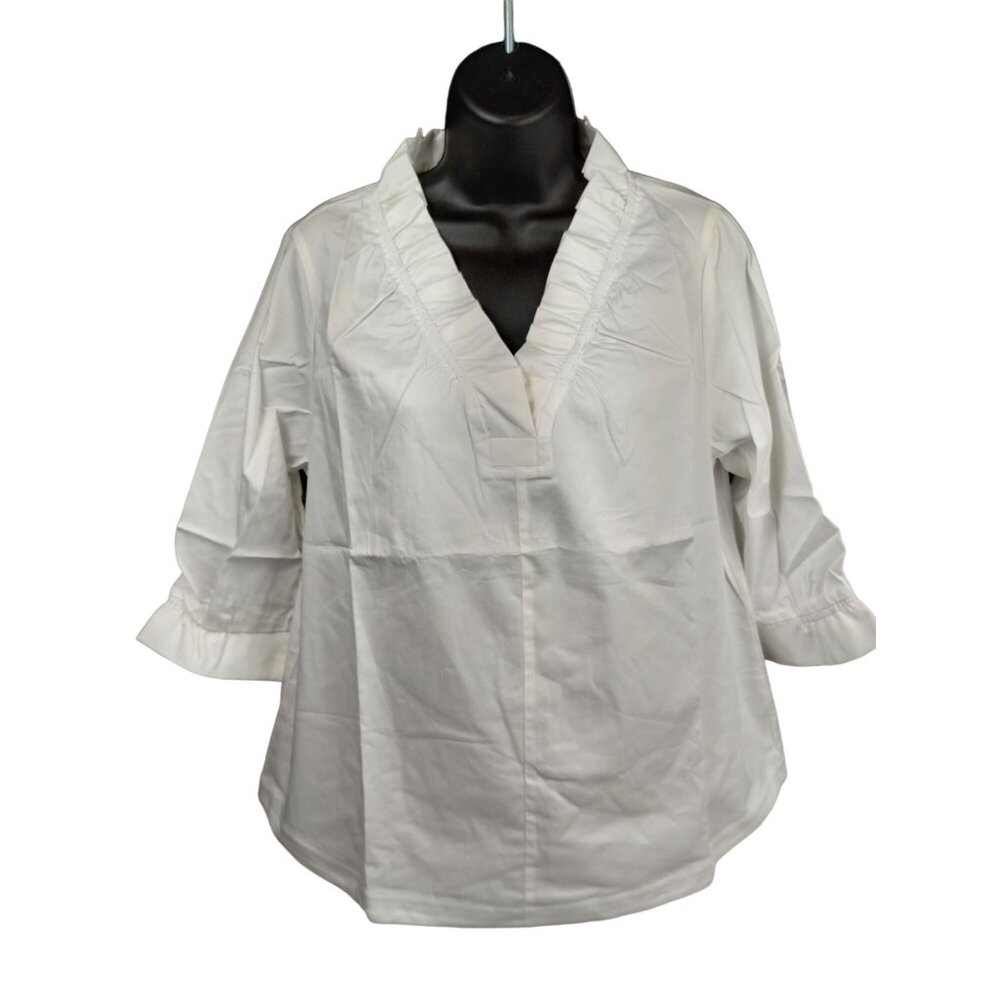 Soft Surroundings Womens PM White Ruffled V-Neck 3/4 Sleeve Blouse